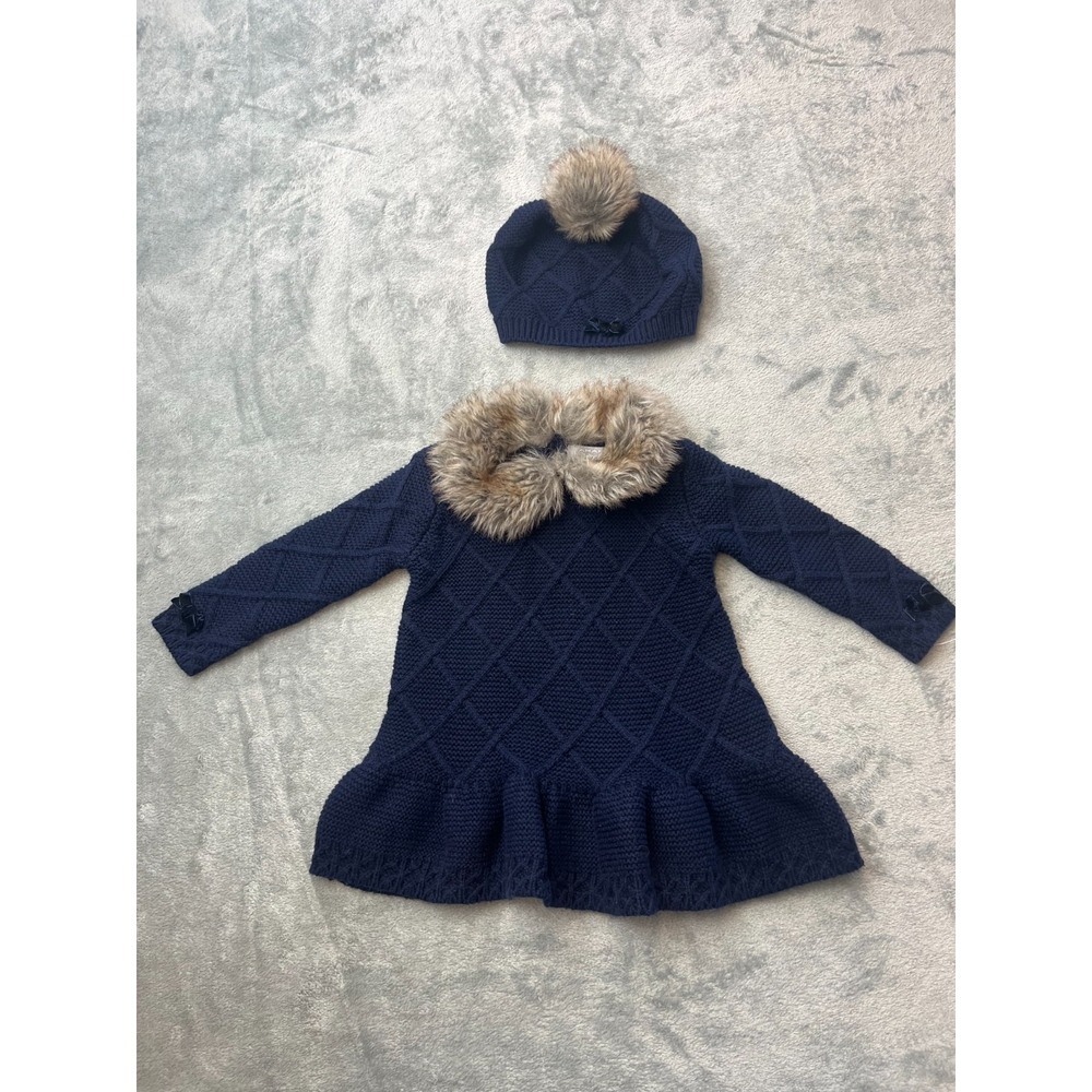 TAHARI Baby Girls Cable Knit Sweater Dress & Hat Set Blue Faux Fur 6-9M